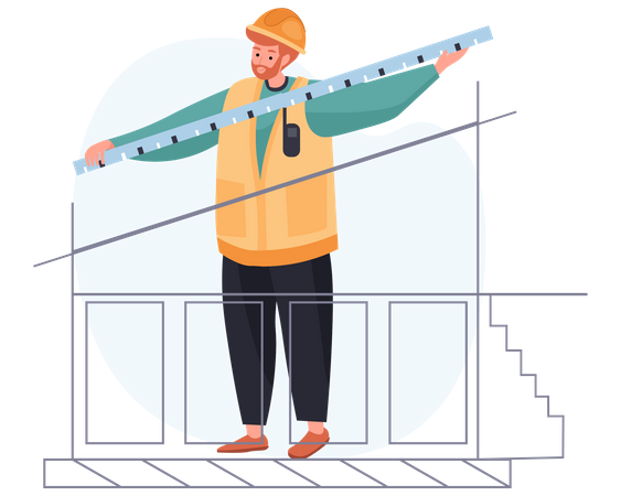 Contractor measuring house plan with a measuring tape  イラスト