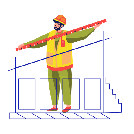 Contractor measuring house plan with a measuring tape  Illustration