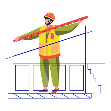 Contractor measuring house plan with a measuring tape  Illustration