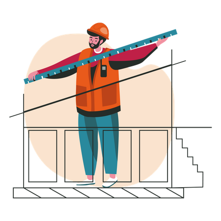 Contractor measuring house plan with a measuring tape  Illustration