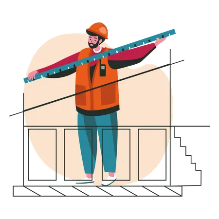 Contractor measuring house plan with a measuring tape  Illustration