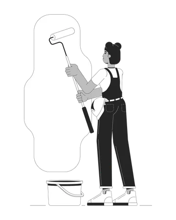Contractor Painting House Black And White Cartoon Flat Illustration Painter Decorator Rolling Brush 2 D Lineart Character Isolated Home Renovation Do It Yourself Monochrome Scene Vector Outline Image Illustration