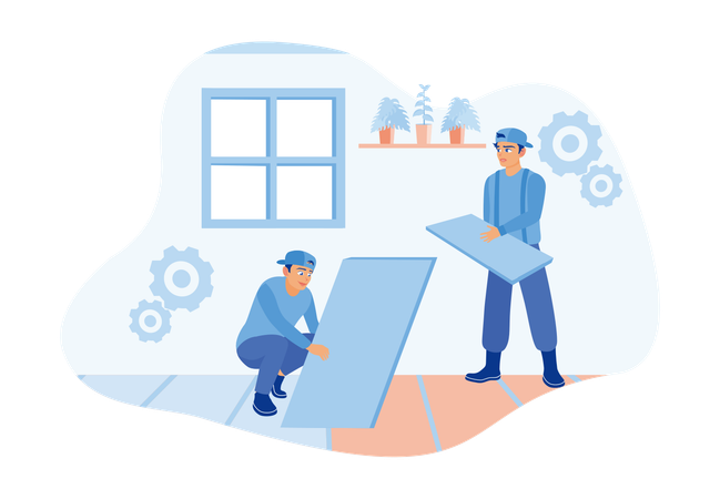 Contractor Workers Installing Indoor Floor Tiles  Illustration