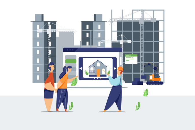 Contratista explicando detalles de la vivienda vía móvil al cliente  Ilustración
