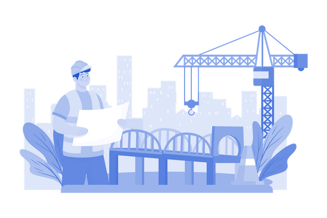 Contratista supervisa construcción de puente sobre río  Illustration