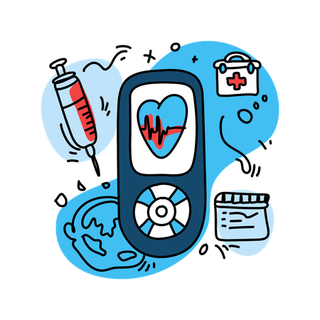 Control de diabetes y medidor de glucosa  Ilustración