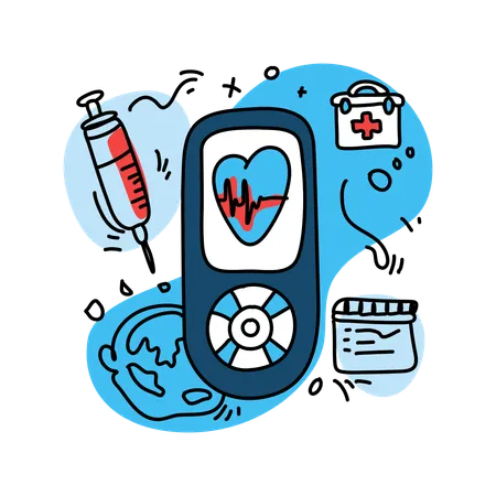 Control de diabetes y medidor de glucosa  Ilustración