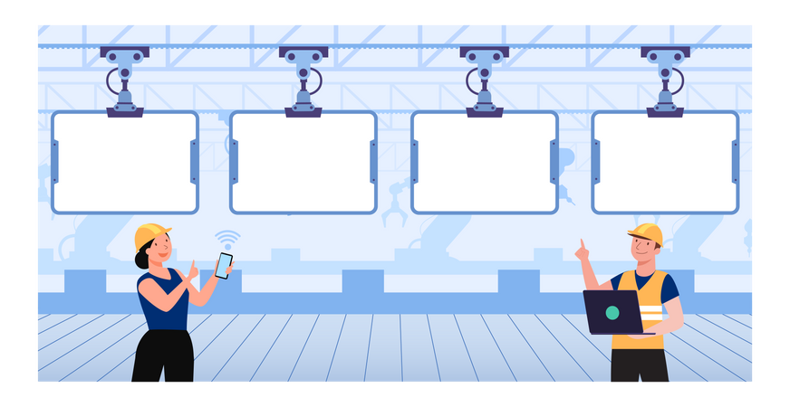 Control del sistema de tecnología de alta tecnología en el flujo de trabajo de la fábrica.  Ilustración
