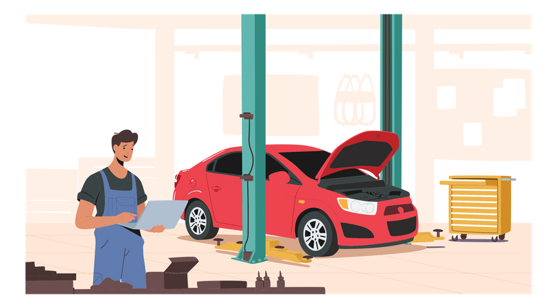 Comprobación mecánica técnica sobre el servicio de automóviles.  Ilustración
