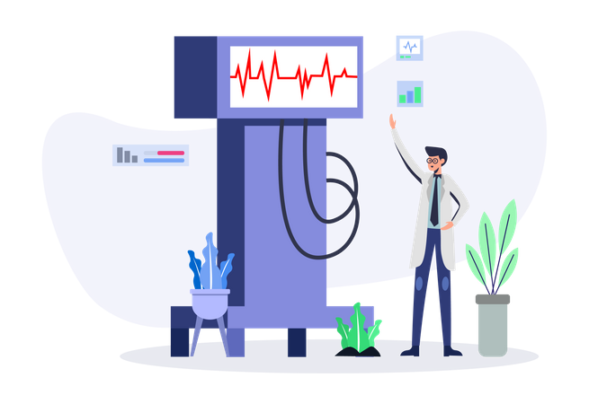 Médico revisando el monitor de frecuencia cardíaca  Ilustración