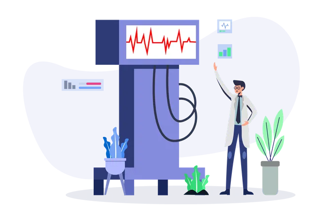 Médico revisando el monitor de frecuencia cardíaca  Ilustración