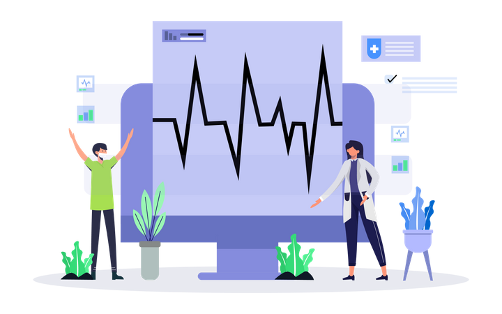 Médico revisando el monitor de frecuencia cardíaca  Ilustración