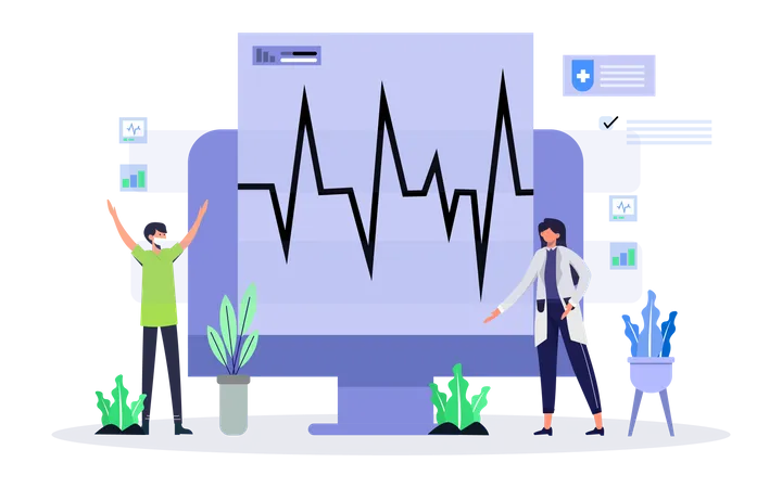 Médico revisando el monitor de frecuencia cardíaca  Ilustración