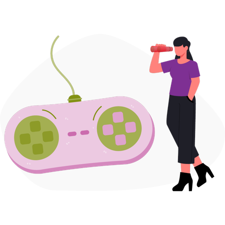Chica mirando el joystick del controlador  Ilustración