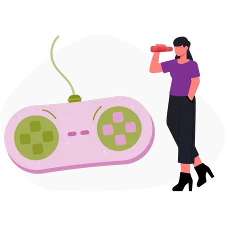 Chica mirando el joystick del controlador  Ilustración