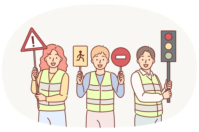 Controladores de tráfego pedem que crianças pequenas sejam cautelosas ao dirigir segurando placas de trânsito nas mãos  Ilustração