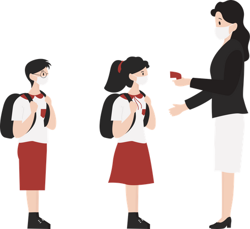 Controlar la temperatura del estudiante usando una máquina de temperatura.  Ilustración