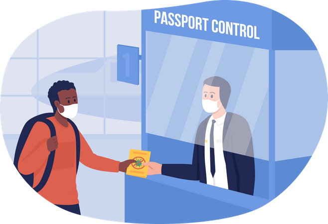 Controle de passaporte com precauções de saúde  Ilustração