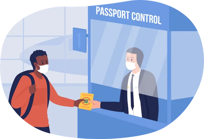 Controle de passaporte com precauções de saúde  Ilustração
