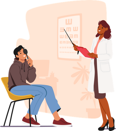 Un médecin ophtalmologiste vérifie la vue du patient pour corriger la vision  Illustration