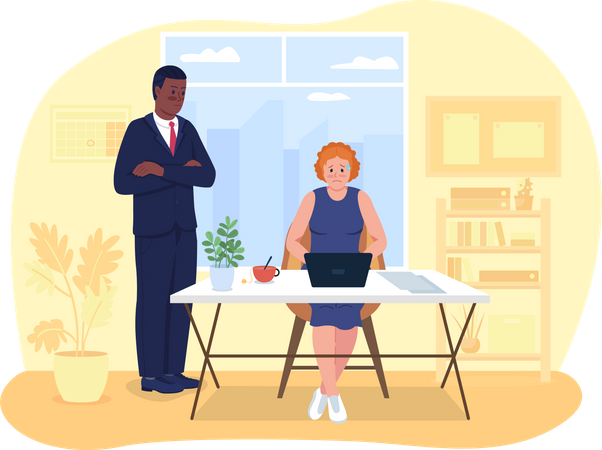 Controlling businessman watching female employee  Illustration