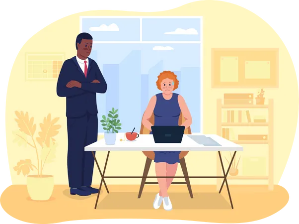 Controlling businessman watching female employee  Illustration