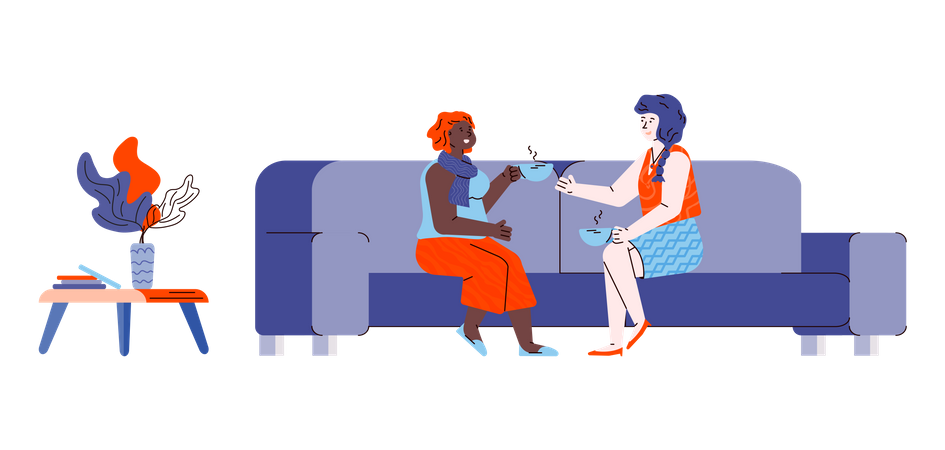 Conversa amigável de duas amigas sentadas no sofá  Ilustração