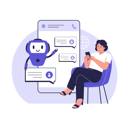 Conversa de chatbot com usuário em aplicativo móvel  Ilustração