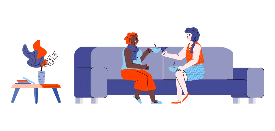 Conversation amicale de deux amies assises sur un canapé  Illustration
