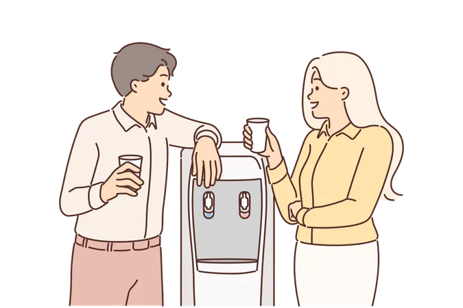 Conversation Of Employees Near Office Cooler And Exchange Of Views Between Colleagues During Break Man And Woman Drink Water From Cooler And Talk Gossip About Management Of Corporation Illustration