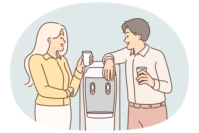 オフィスのクーラーの近くで社員同士が会話したり、休憩中に同僚同士が意見交換したりしている様子  イラスト