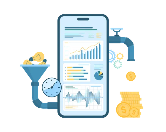 Convert Ideas Into Money With Mobile App In Phone Vector Illustration Cartoon Isolated Smartphone With Funnel And Pipes Marketing Research System And Chart Report Analysis Of Digital Projects Illustration