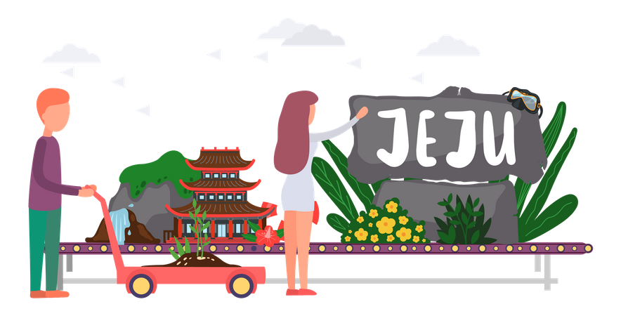 Conveyor belt with plants and stones attraction of jeju island  Illustration