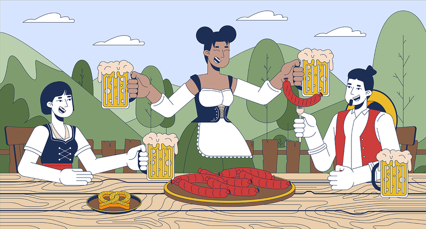 Convidados aproveitando cerveja na Oktoberfest  Ilustração