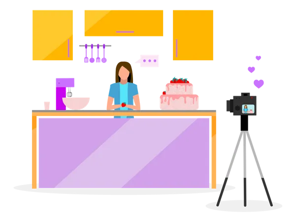 Cook Blogger Flat Vector Illustration Filmmaker Vlogger Influencer Streaming Video Confectionery Bakery Video Tutorial Social Media Vlog Content Isolated Cartoon Character On White Background Illustration