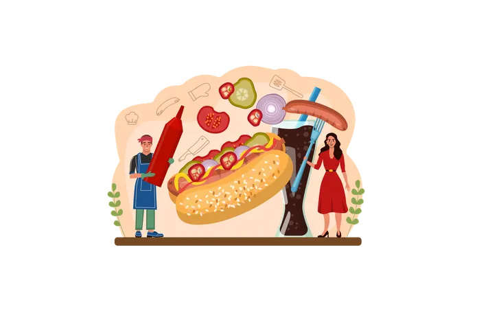 Hot Dog Web Banner Or Landing Page Unhealthy Fast Food Cooking American Snack With Ketchup And Mustard Bun And Sausage Delicious Food With A Nipple Lying In A Bun Flat Vector Illustration 일러스트레이션