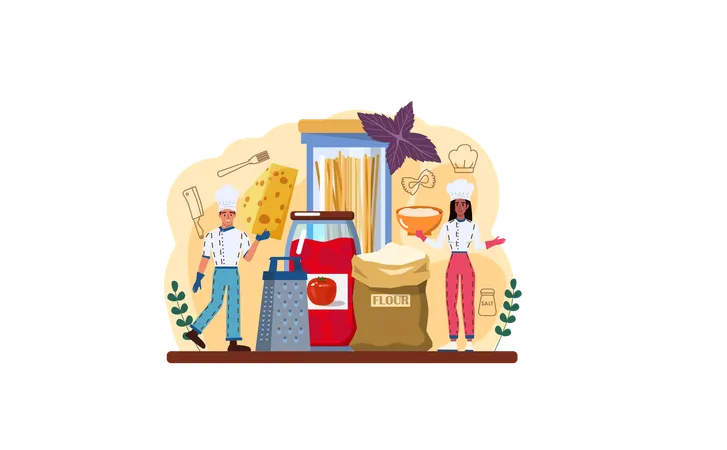 Cook cooking Homemade italian food with cheese  Ilustración