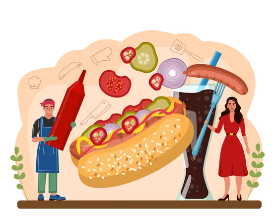 Hot Dog Unhealthy Fast Food Cooking American Snack With Ketchup Bun And Sausage Delicious Food With A Nipple Lying In A Bun And Poured Mustard Flat Vector Illustration イラスト