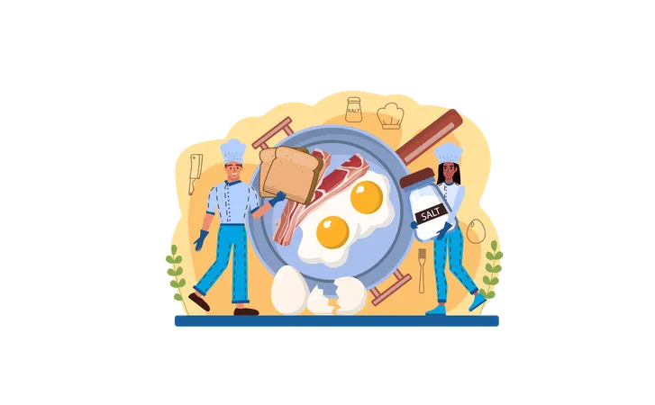 Cook making Fried eggs with vegetables  Illustration
