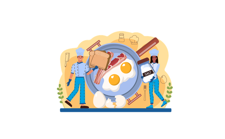 Cook making Fried eggs with vegetables  Illustration