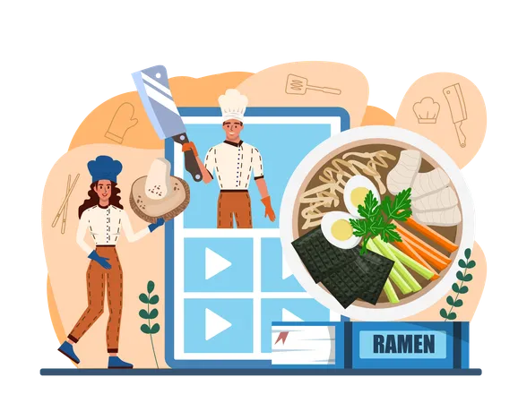 Ramen Noodles Online Service Or Platform Traditional Japanese Food Bowl Of Soup With Noodles Asian Cuisune Restaurant Video Blog Flat Vector Illustration イラスト