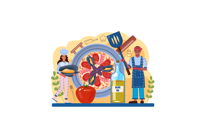 Cook making paella in olive oil  Illustration