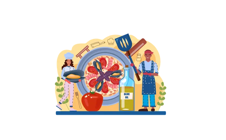 Paella Web Banner Or Landing Page Spanish Traditional Dish With Seafood And Rice On A Plate Chefs Cooking Healthy Gourmet Cuisine Isolated Vector Illustration In Cartoon Style 일러스트레이션