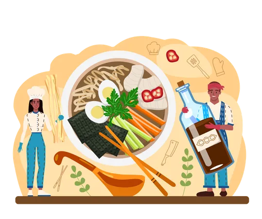 Ramen Noodles Traditional Japanese Food Bowl Of Soup With Meat Noodles Mushrooms And Seaweed Asian Cuisune Restaurant Flat Vector Illustration イラスト