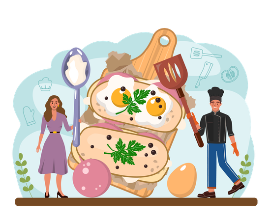 Cook making toast with fried eggs  Illustration