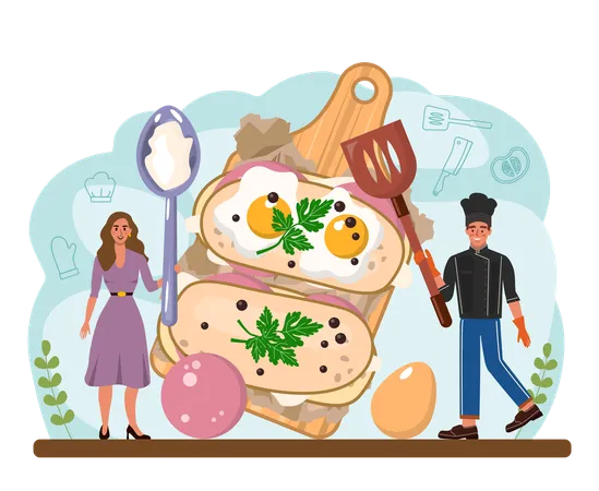 Cook making toast with fried eggs  Illustration