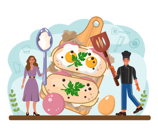 Cook making toast with fried eggs  イラスト