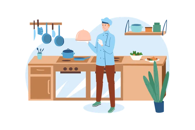 Kitchen Blue Concept With People Scene In The Flat Cartoon Design Cook Prepare Meals For The Restaurants Customers Vector Illustration Illustration