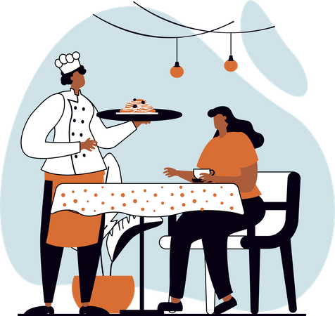 Cook serving food to girl in restaurant  Illustration