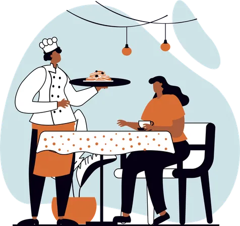 Cook serving food to girl in restaurant  Illustration